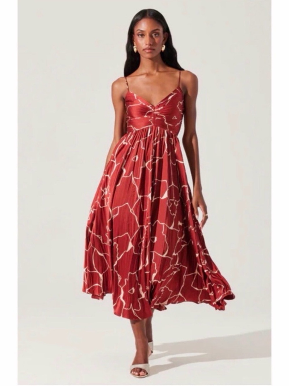 ASTR The Label "Maeve" Pleated Midi Dress In Rust-Red/Cream Print, Sze L, EUC